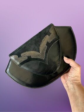 Vintage 80s Jasmin Genuine Snakeskin & Leather Mixed Media Deco Clutch